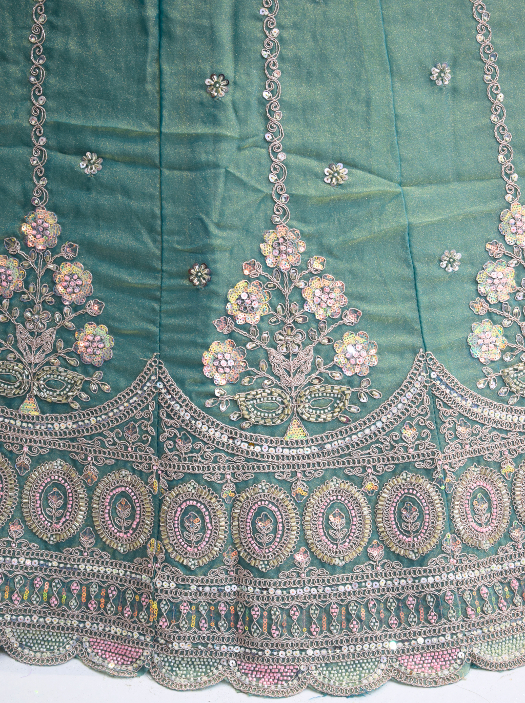 Teal Green Beaded Floral Lehenga with Traditional Embroidery