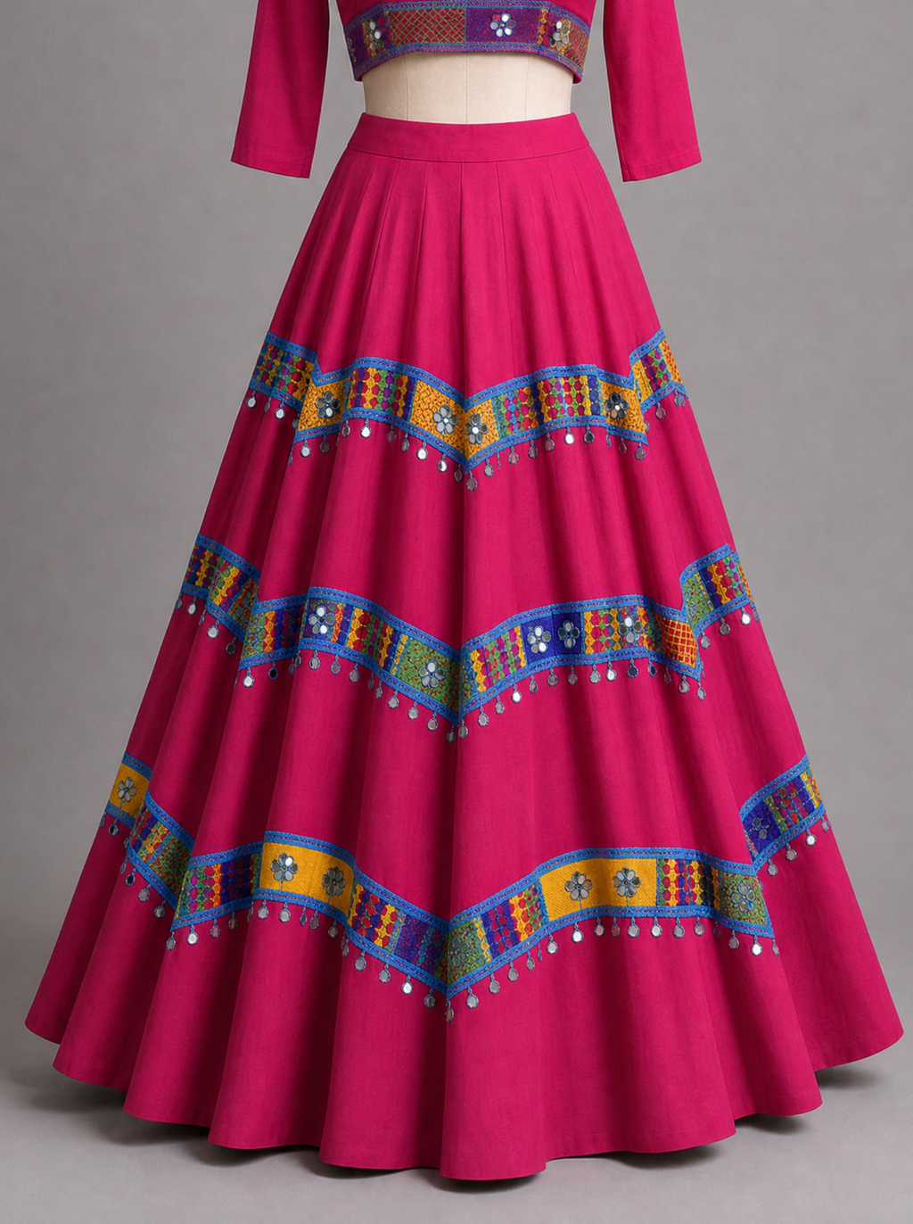 Rani Pink Mirrorwork Bandhani-Inspired Navratri Chaniya Choli