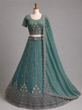 Teal Green Beaded Floral Lehenga with Traditional Embroidery