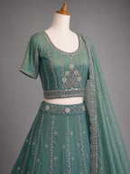 Teal Green Beaded Floral Lehenga with Traditional Embroidery
