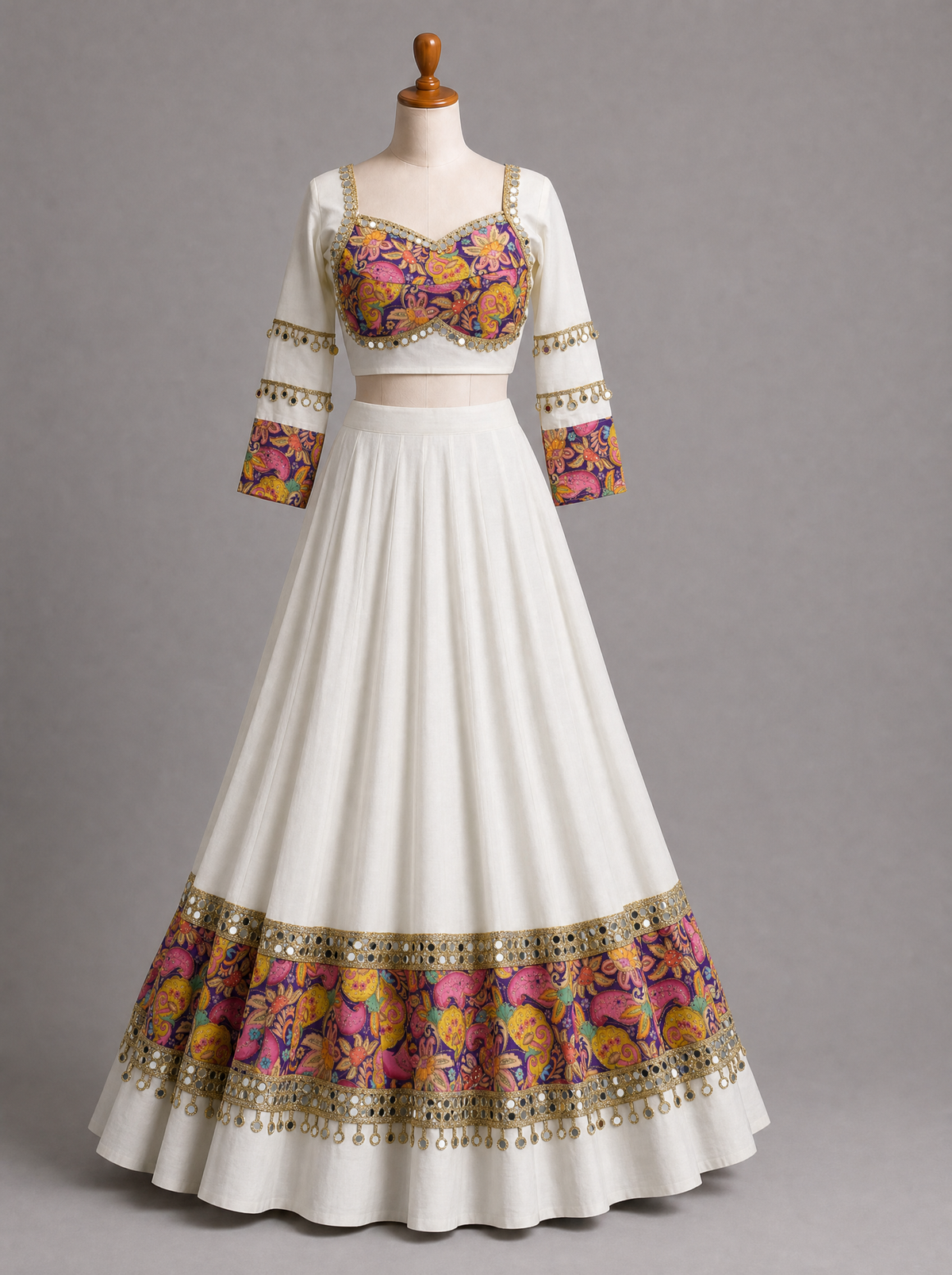 Ivory Mirrorwork & Multicolor Paisley Navratri Chaniya Choli