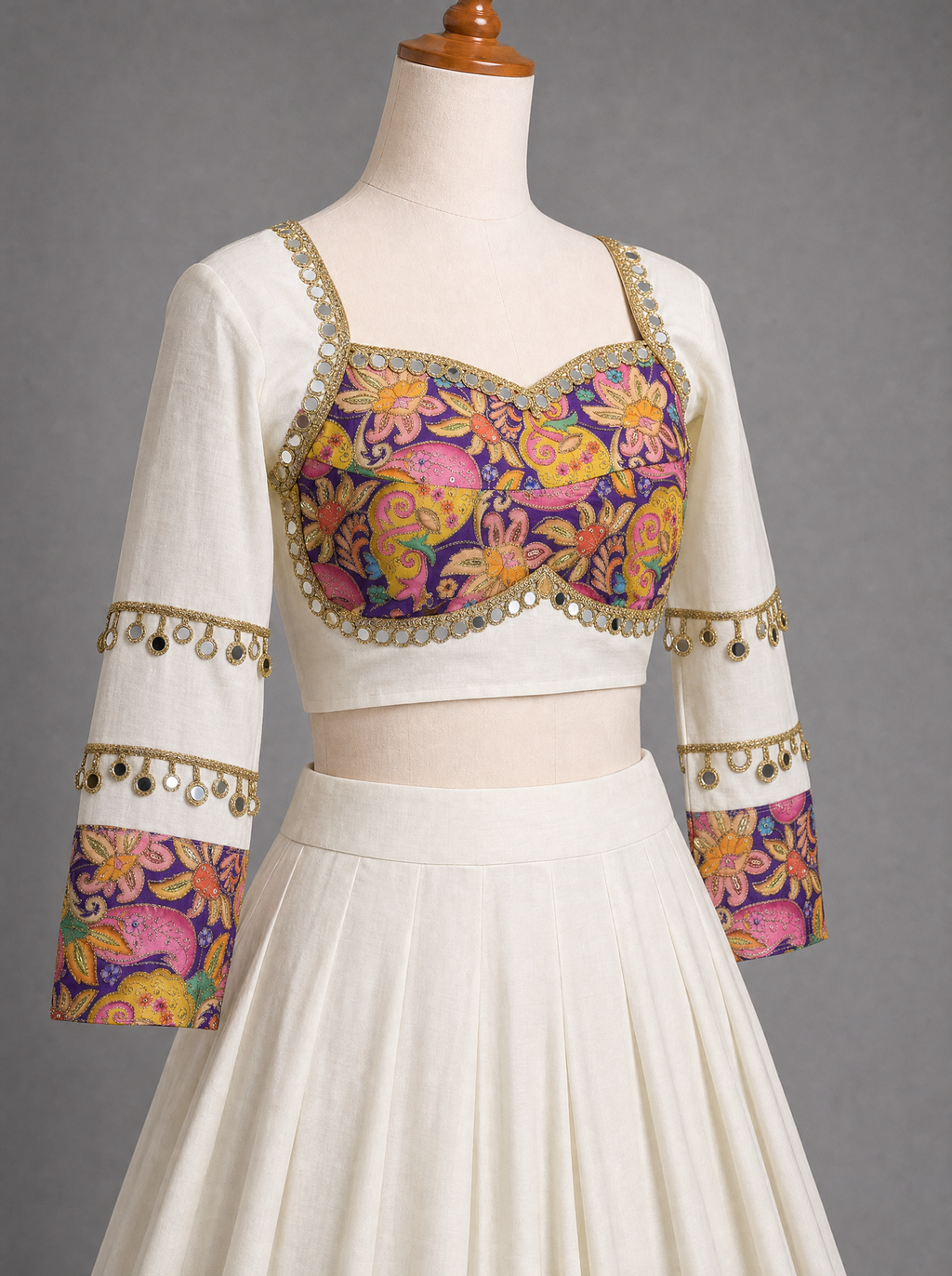 Ivory Mirrorwork & Multicolor Paisley Navratri Chaniya Choli