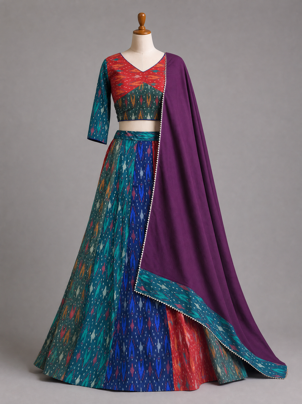 Multicolor Printed Traditional Chaniya Choli with Purple Dupatta for Navratri