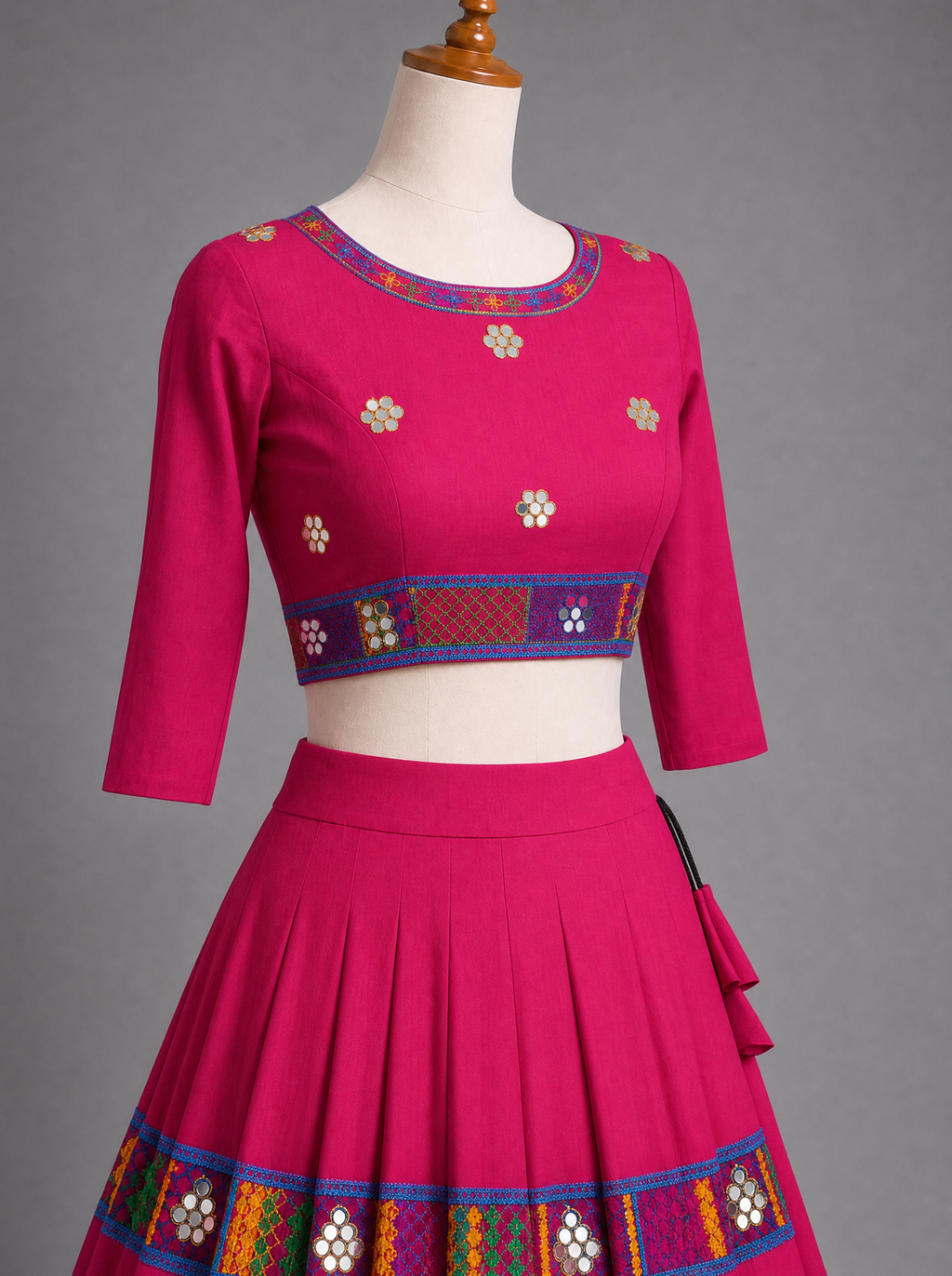 Rani Pink Mirrorwork Bandhani-Inspired Navratri Chaniya Choli
