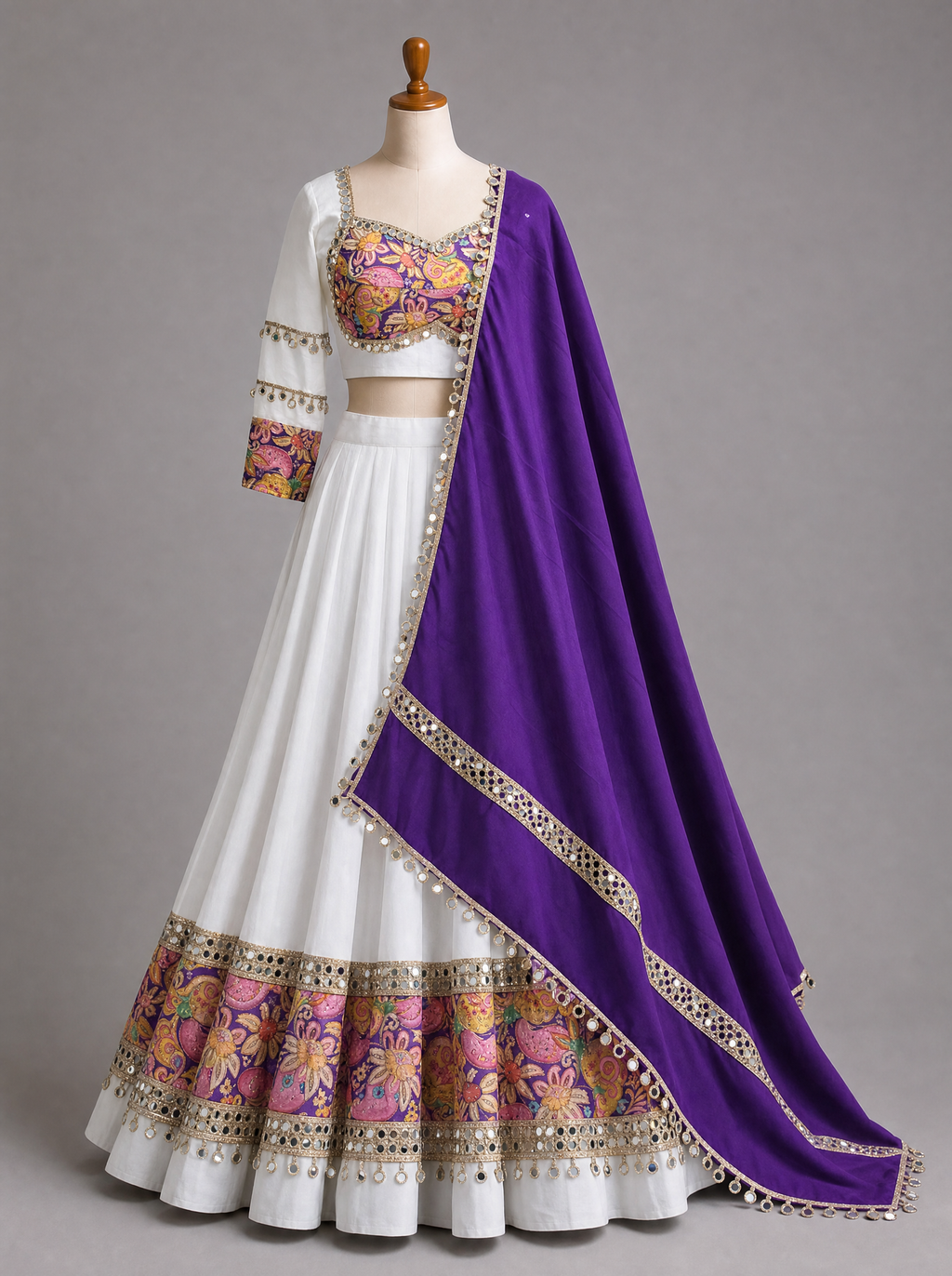 Ivory Mirrorwork & Multicolor Paisley Navratri Chaniya Choli